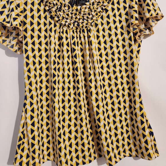 New Directions Petite Vintage Top PL Blue Yellow White Short Sleeve Blouse - Picture 8 of 8
